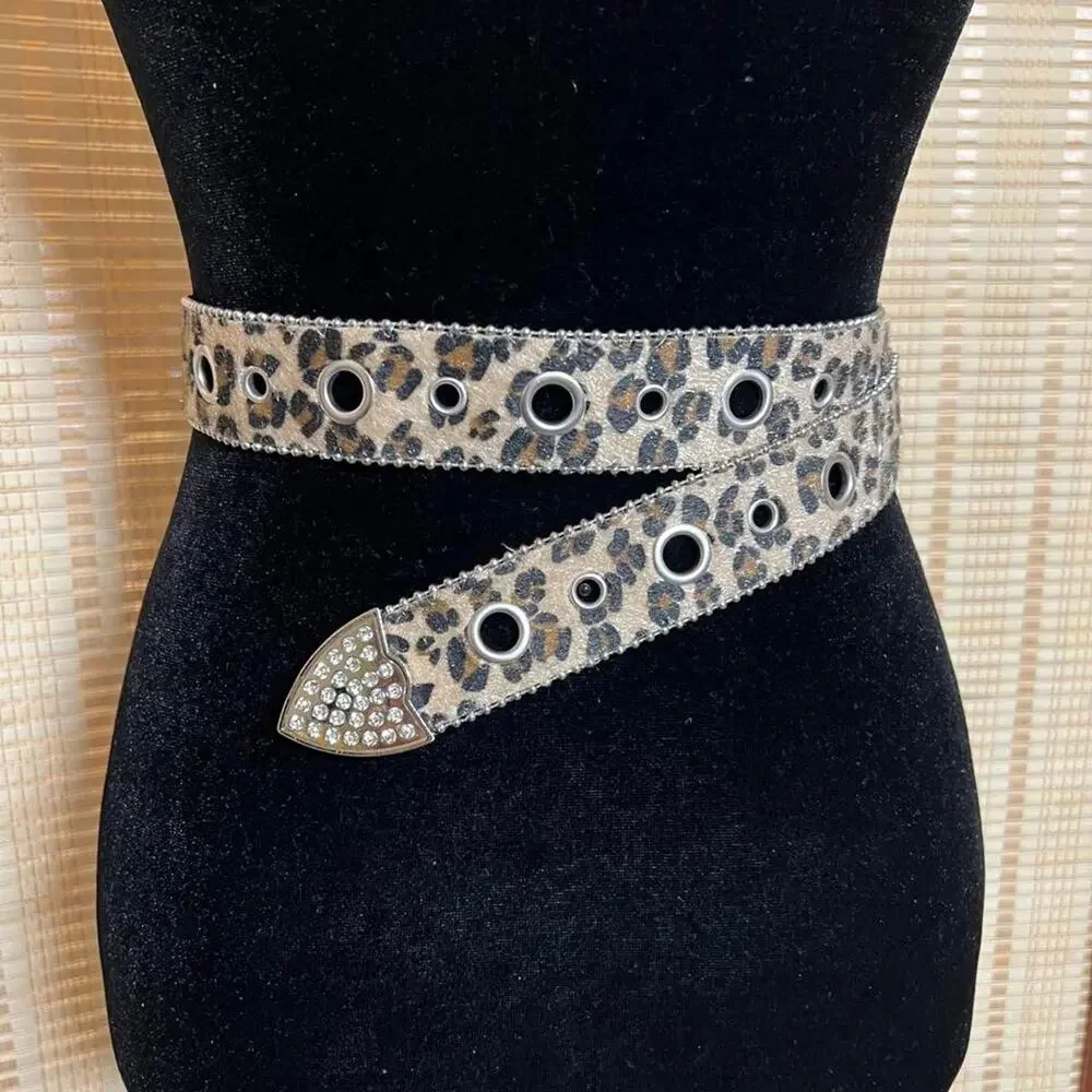 Leopard Print Rhinestone Western Belt Faux Leather M/L